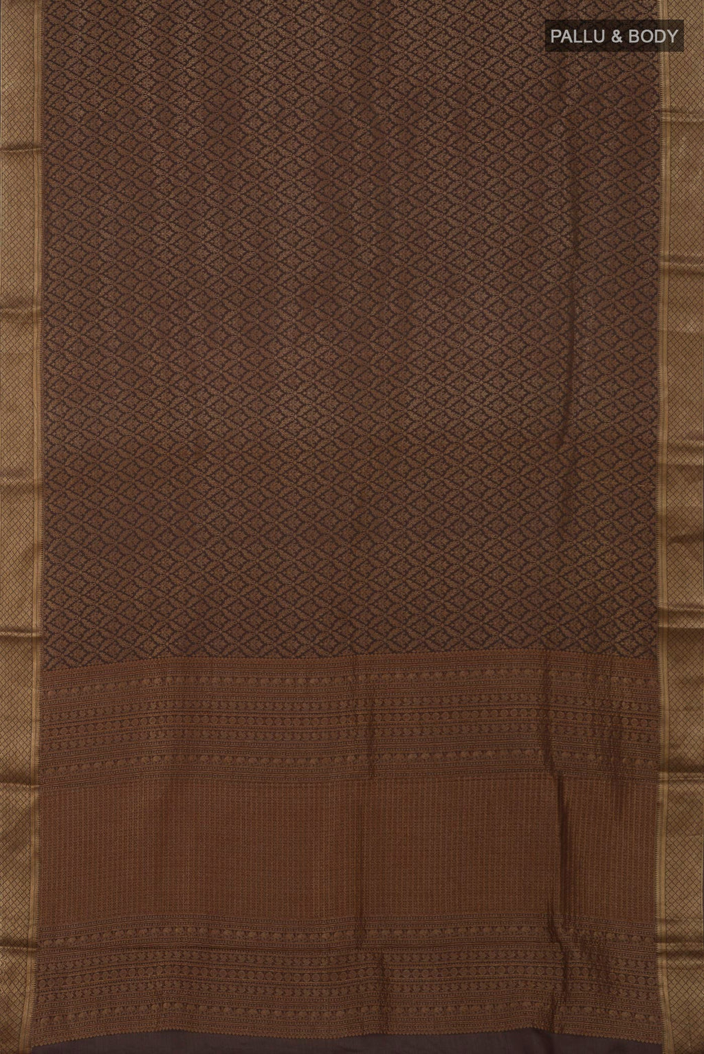 Flat view of Brown Mysore Crepe Saree with Zari Brocade on the body and Zari Border. 