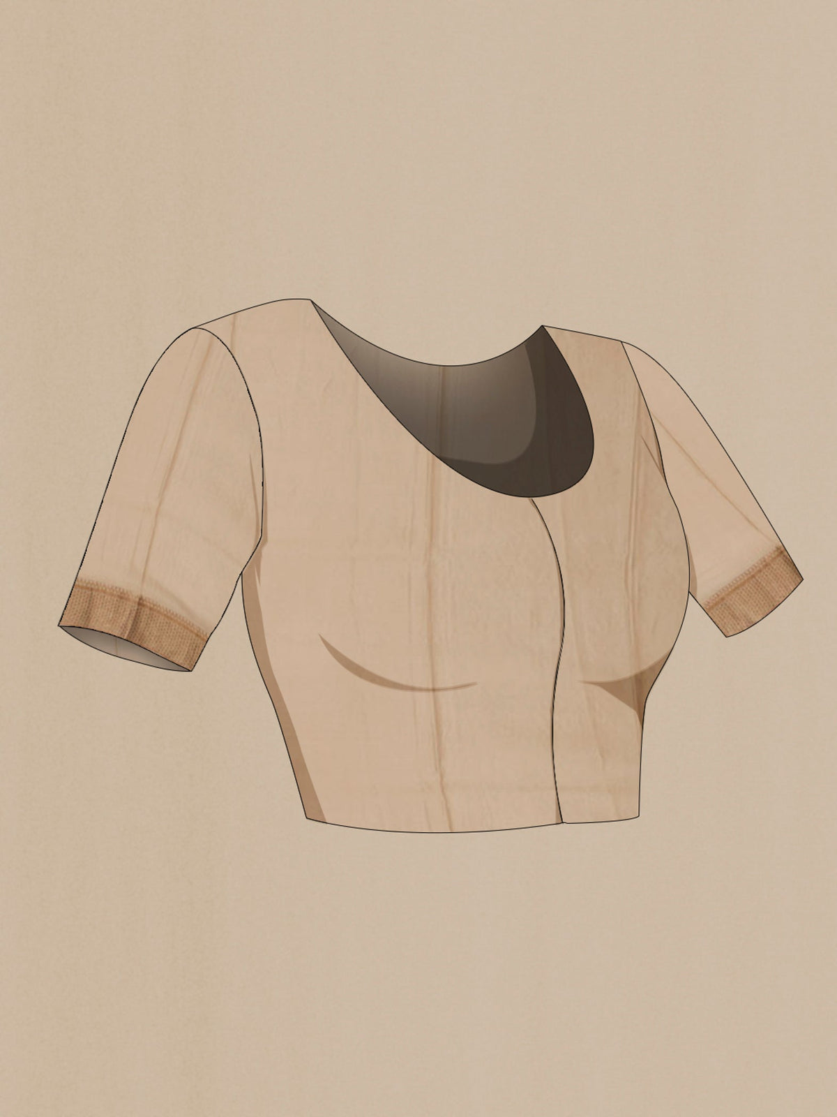 Close up image of the blouse of Beige Mysore Crepe Saree with Zari Brocade on the body and Zari Border. 