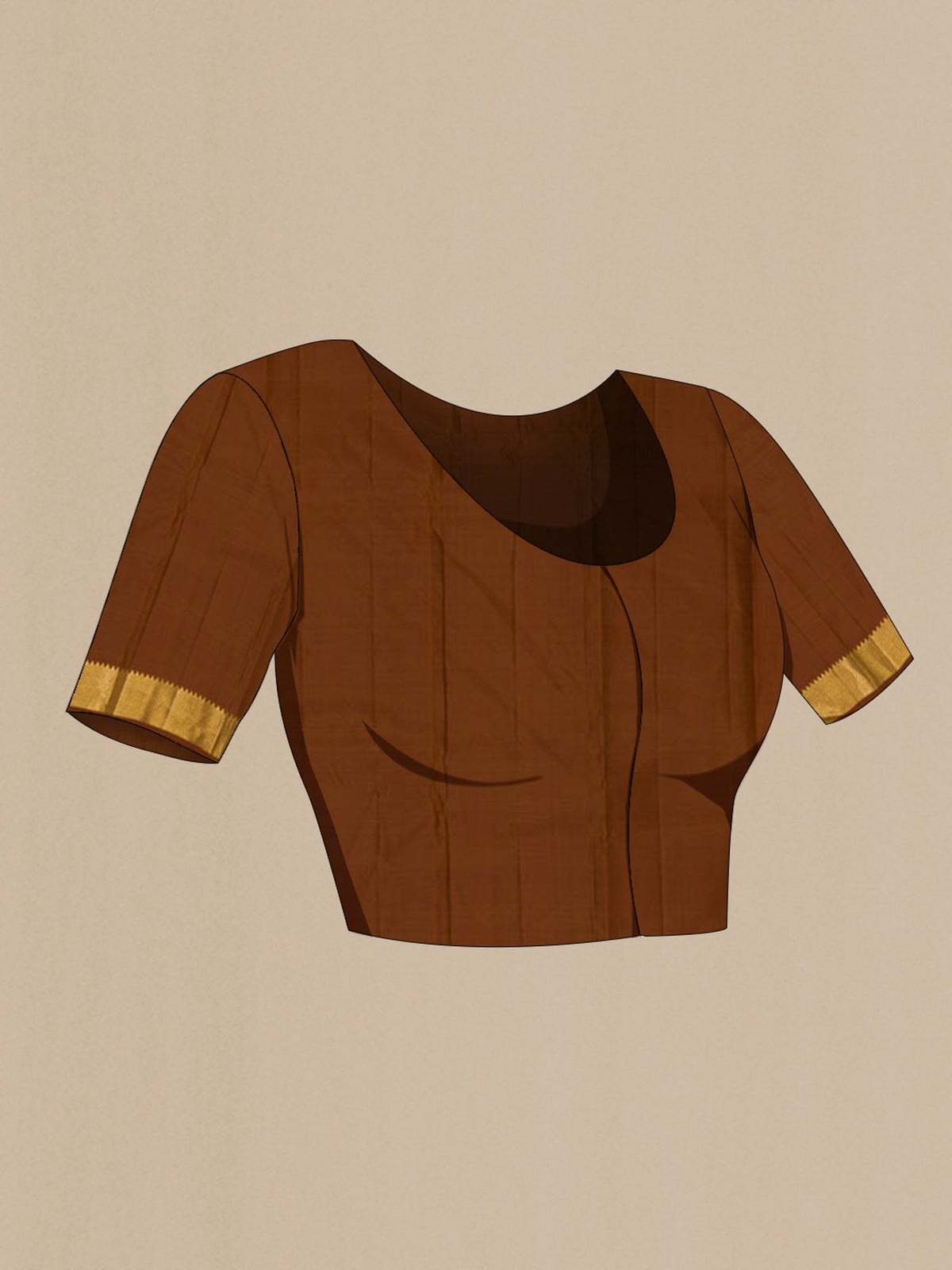 Close up image of the blouse of Brown Kanjivaram Silk Saree with Zari Butta on the body and Zari Border. 