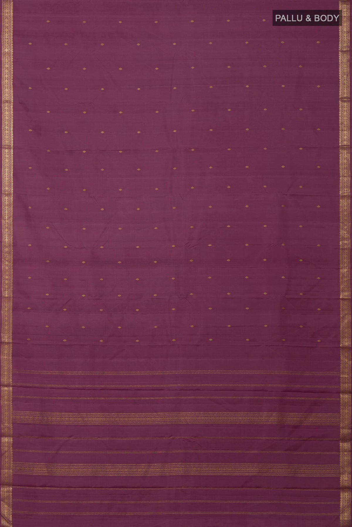 Flat view of Purple Kanchipuram Silk Saree with Zari Butta on the body and Zari Border. 