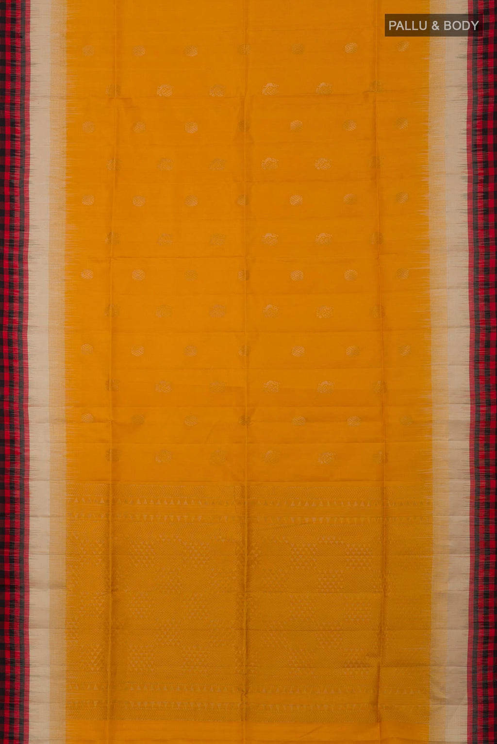 Flat view of Yellow Soft Silk Saree with Zari Butta on the body and Fancy Border. 