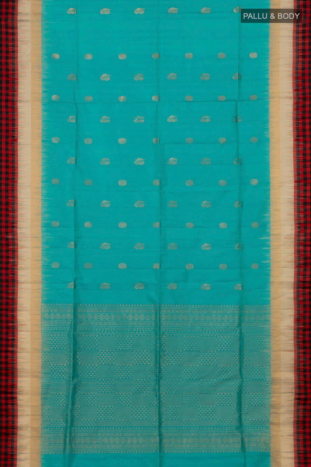 Flat view of Blue Soft Silk Saree with Zari Butta on the body and Thin Zari Line. 