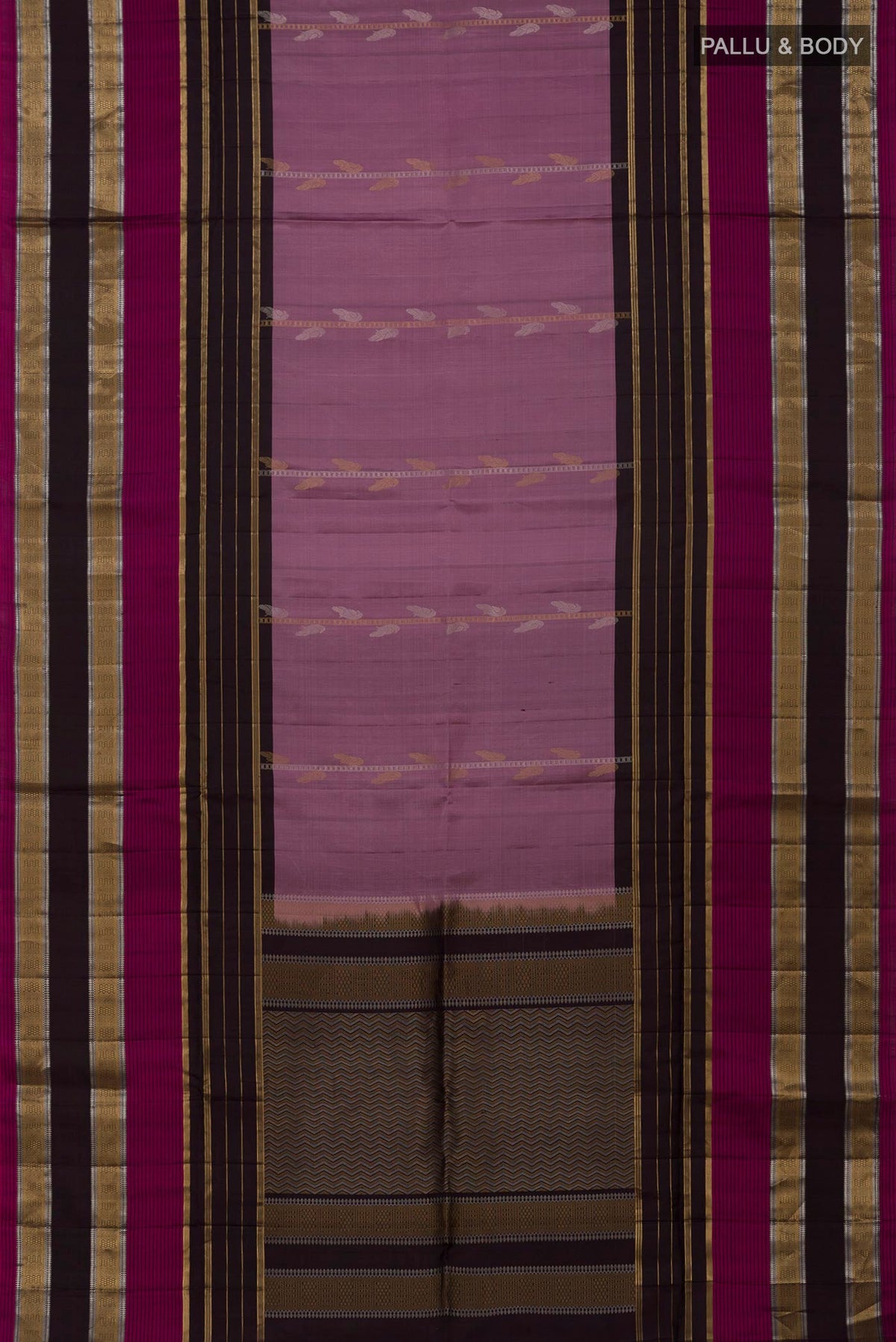 Flat view of Lavender Soft Silk Saree with Fancy on the body and Fancy Border. 