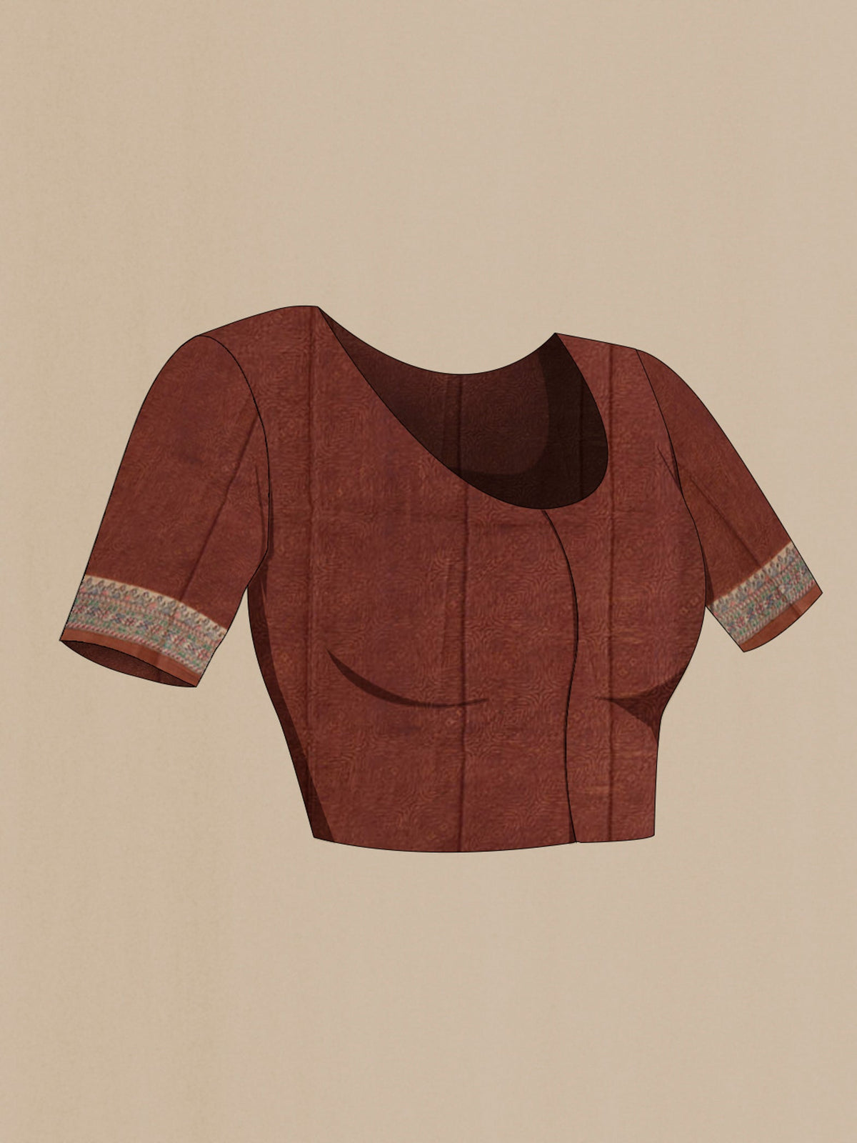 Close up image of the blouse of Brown Printed Silk Saree with Printed design on the body and Printed Border. 