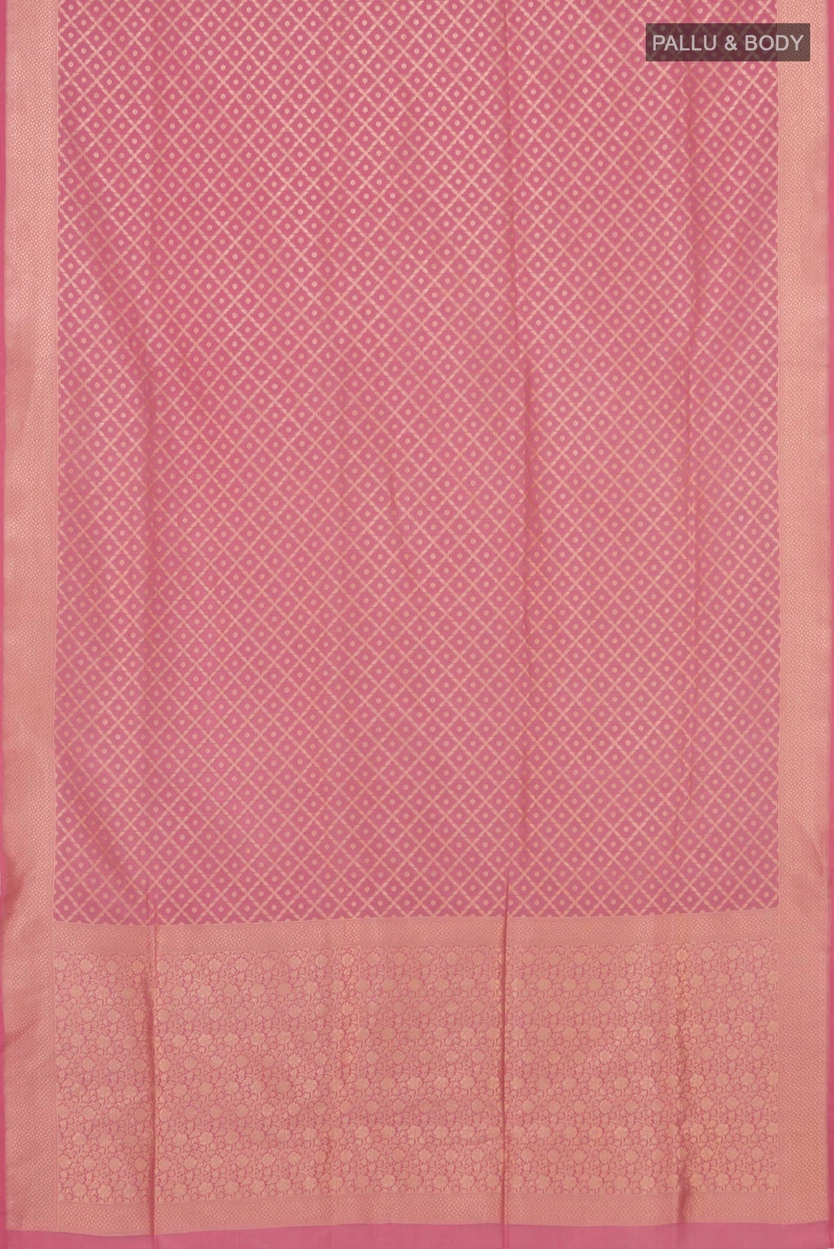 Flat view of Pink Banarasi Saree with Fancy on the body and Fancy Border. 
