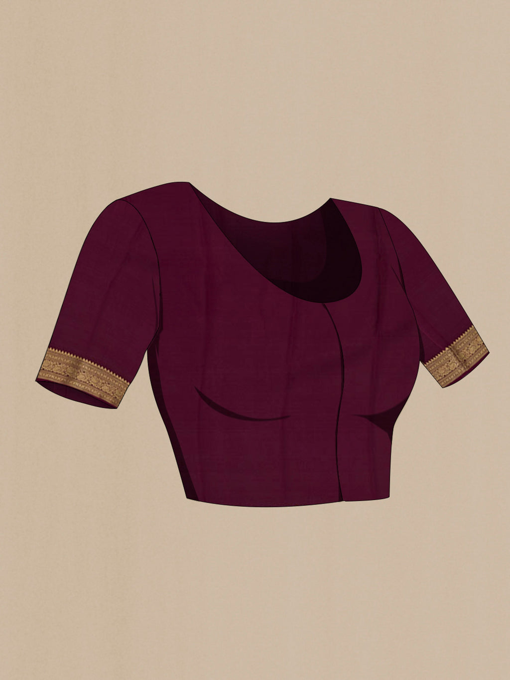 Close up image of the blouse of Purple Mysore Crepe Saree with Zari Brocade on the body and Zari Border. 