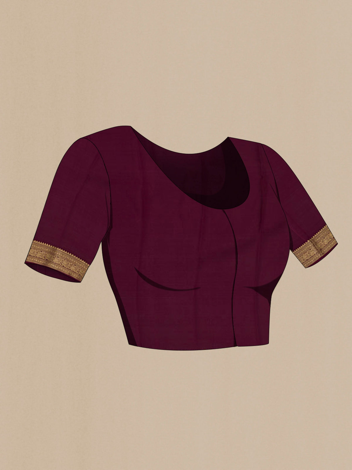 Close up image of the blouse of Purple Mysore Crepe Saree with Zari Brocade on the body and Zari Border. 