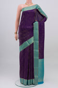 Navy Blue Mysore Crepe Saree with Zari Brocade on the body and Zari Border.  displayed on a mannequin