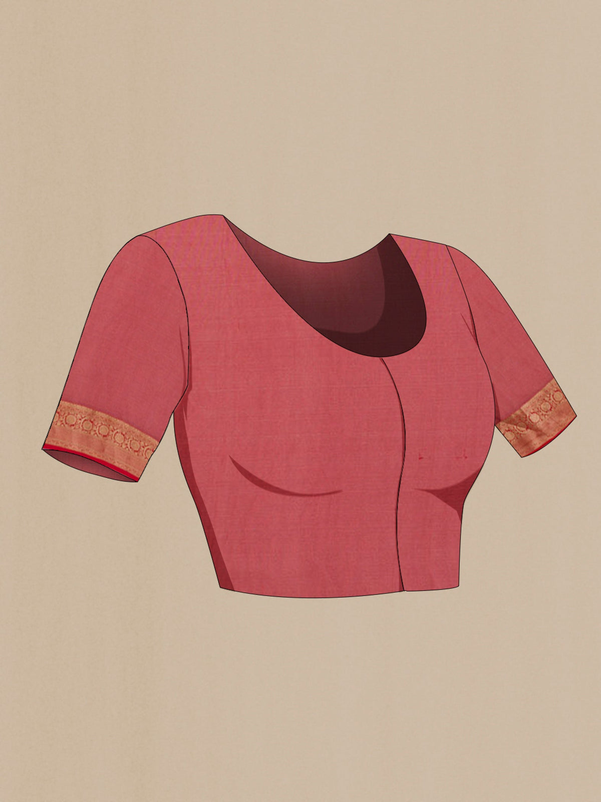 Close up image of the blouse of Red Mysore Crepe Saree with Zari Brocade on the body and Zari Border. 