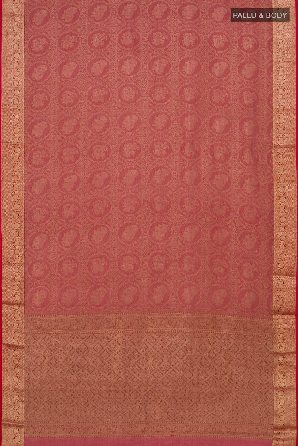 Flat view of Red Mysore Crepe Saree with Zari Brocade on the body and Zari Border. 