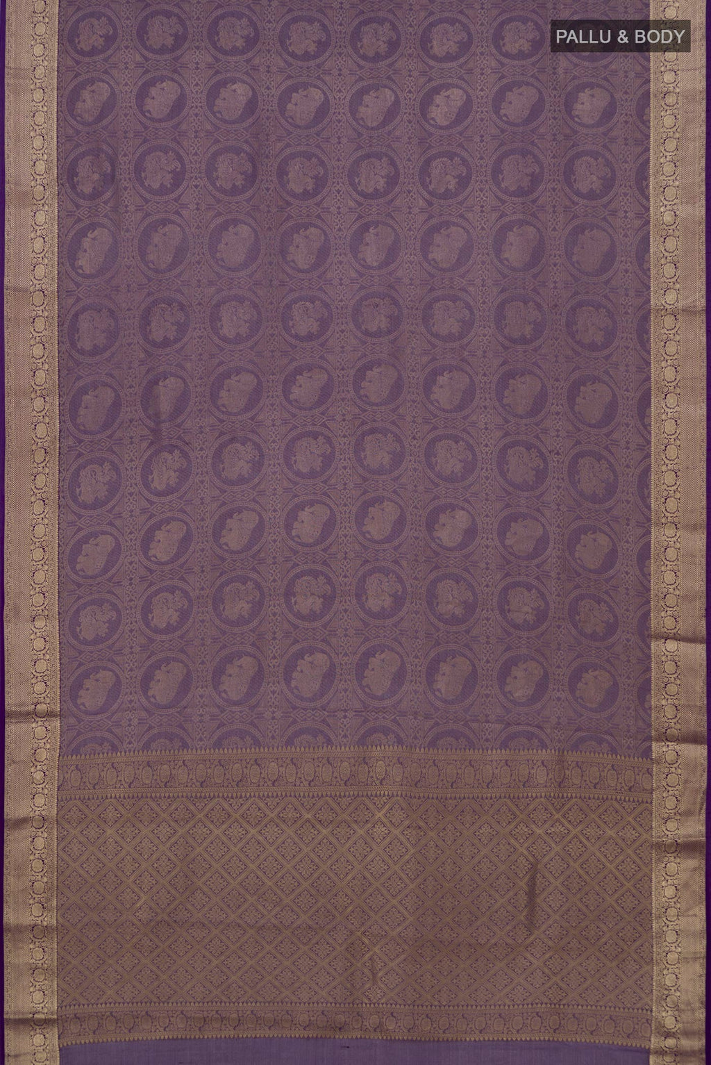Flat view of Violet Mysore Crepe Saree with Zari Brocade on the body and Zari Border. 