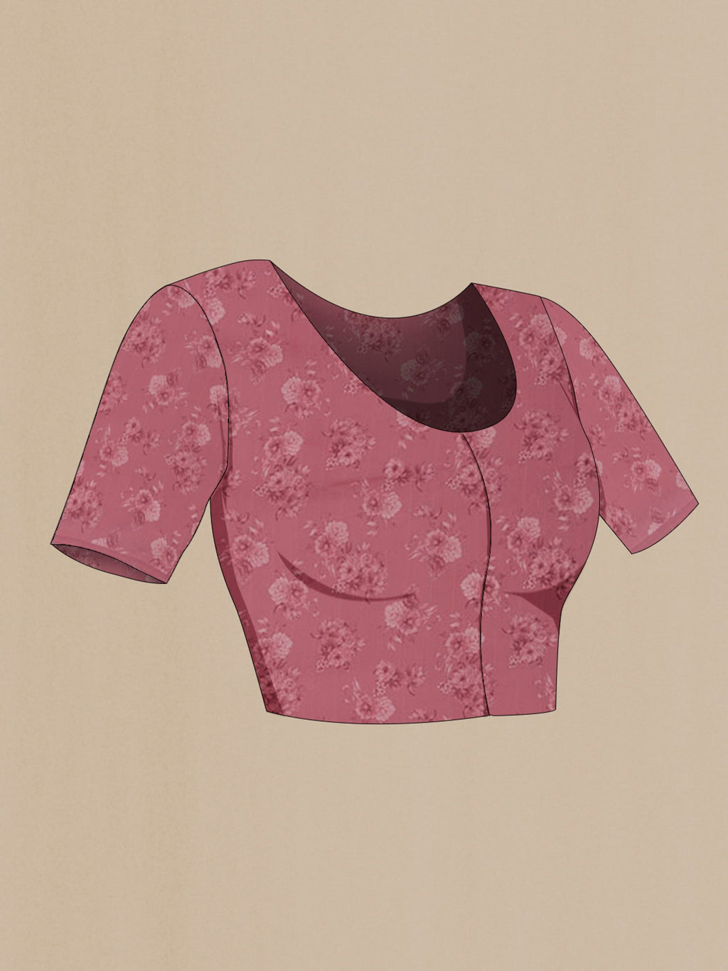 Close up image of the blouse of Pink Chiffon Saree with Printed design on the body and Without Border. 