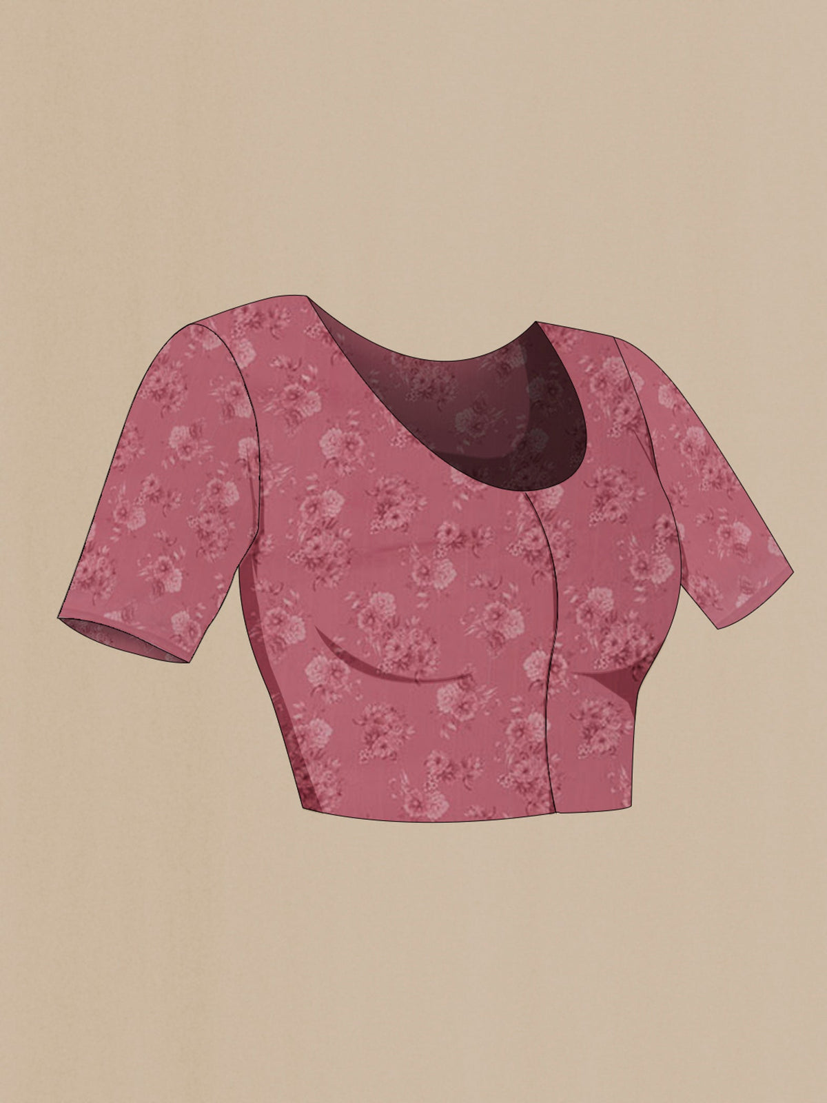 Close up image of the blouse of Pink Chiffon Saree with Printed design on the body and Without Border. 