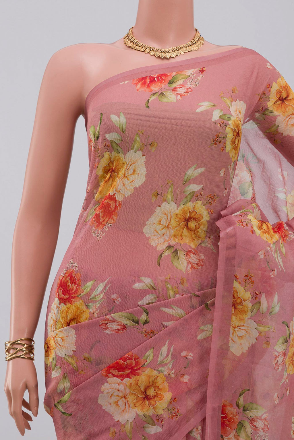 Border image of Pink Chiffon Saree with Printed design on the body and Without Border. 
