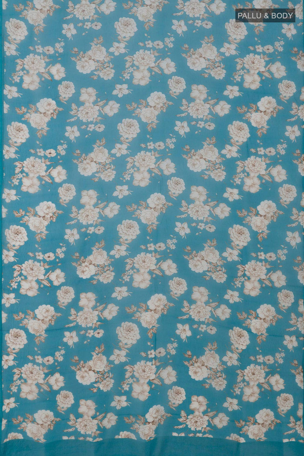 Flat view of Blue Chiffon Saree with Printed design on the body and Without Border. 
