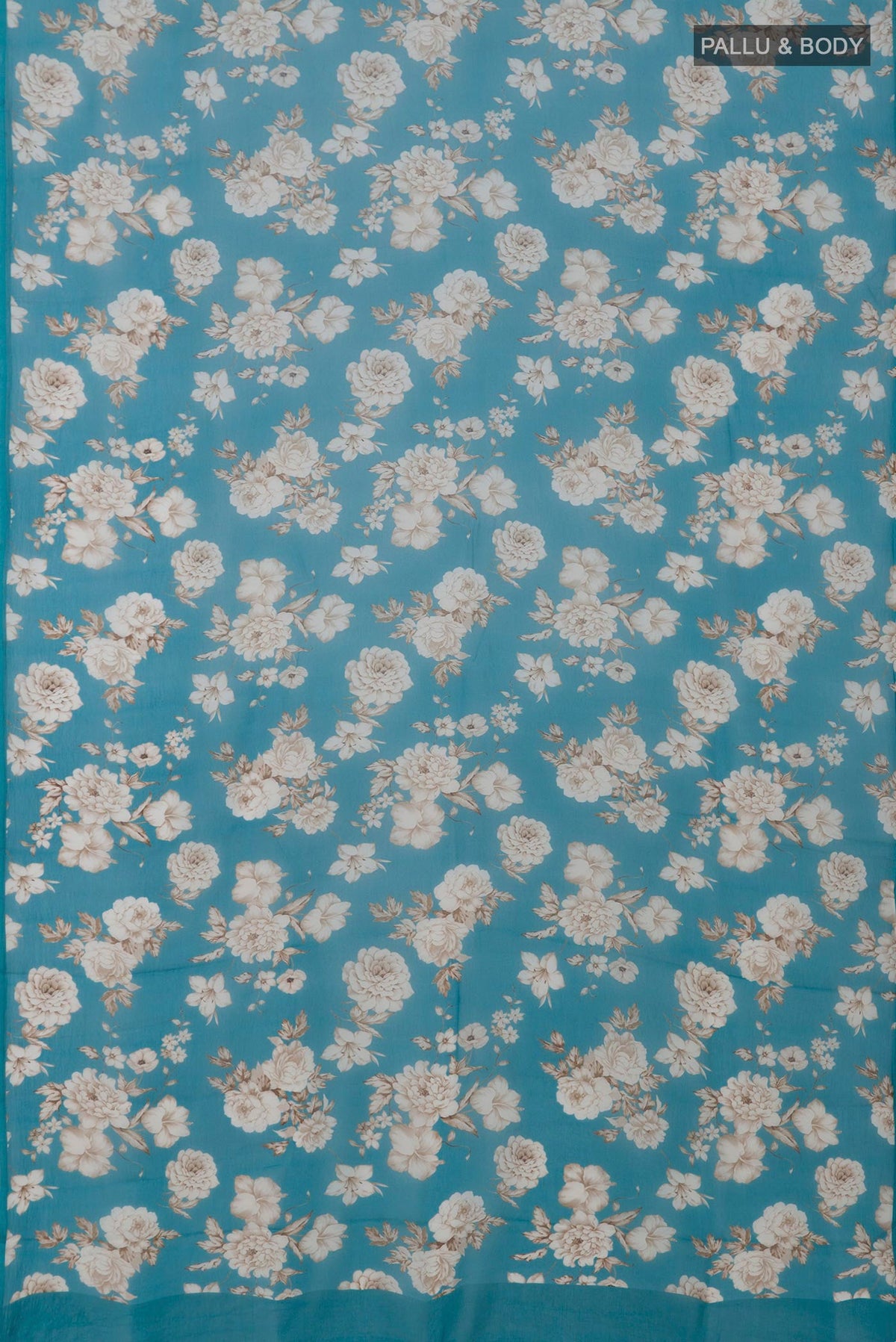 Flat view of Blue Chiffon Saree with Printed design on the body and Without Border. 