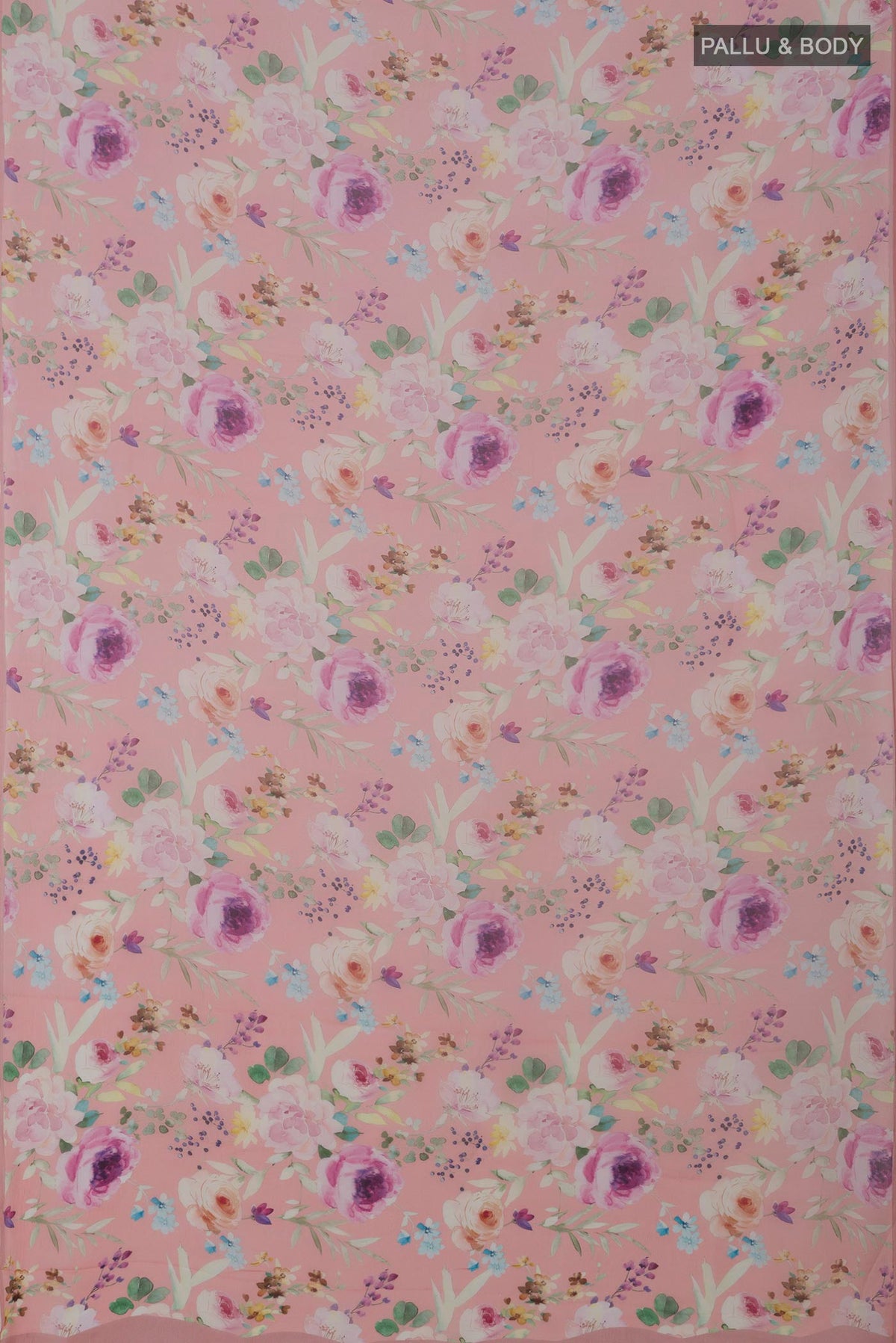 Flat view of Peach Chiffon Saree with Printed design on the body and Without Border. 