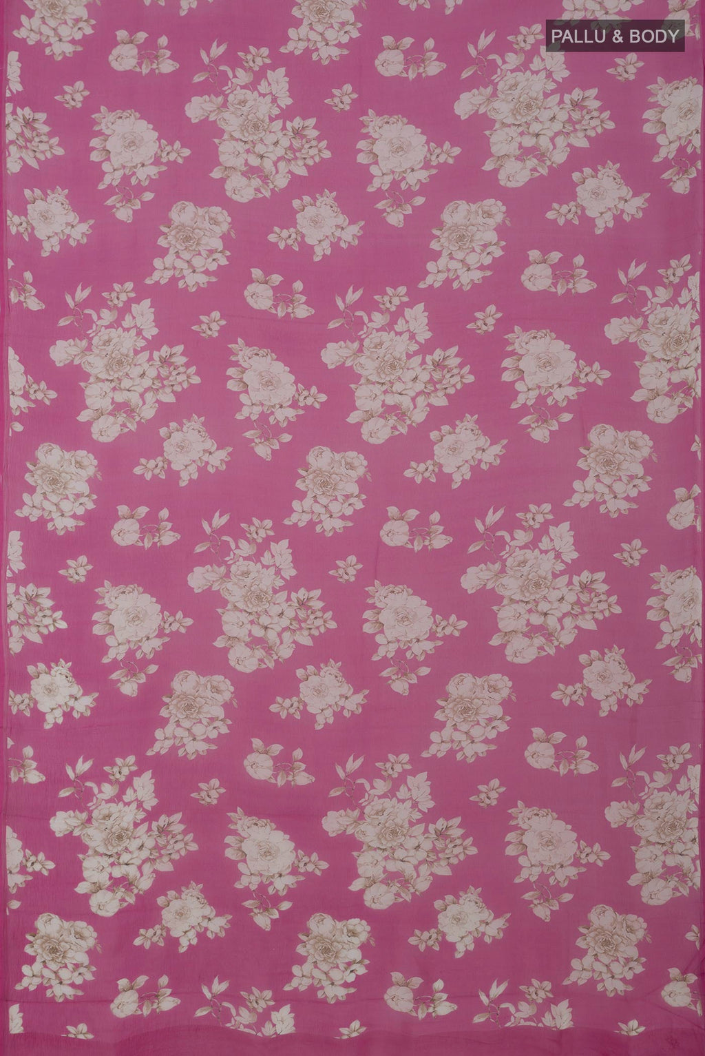 Flat view of Pink Chiffon Saree with Printed design on the body and Without Border. 