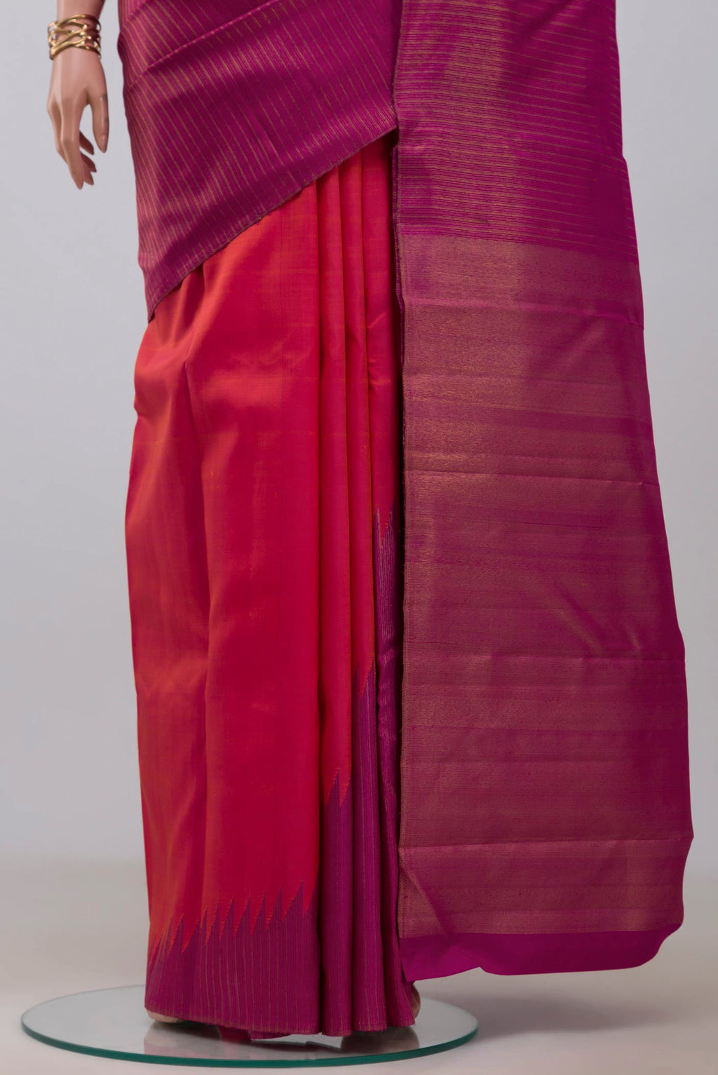 Pleats and pallu of Pure Silk Pure Zari Purple Kanjivaram Saree with Fancy on the body and Rising Temple Border. 