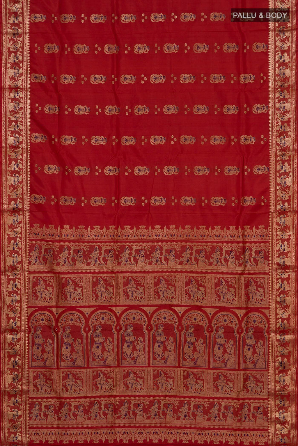 Flat view of Maroon Baluchari Silk Saree with Zari Butta on the body and Zari Border. 