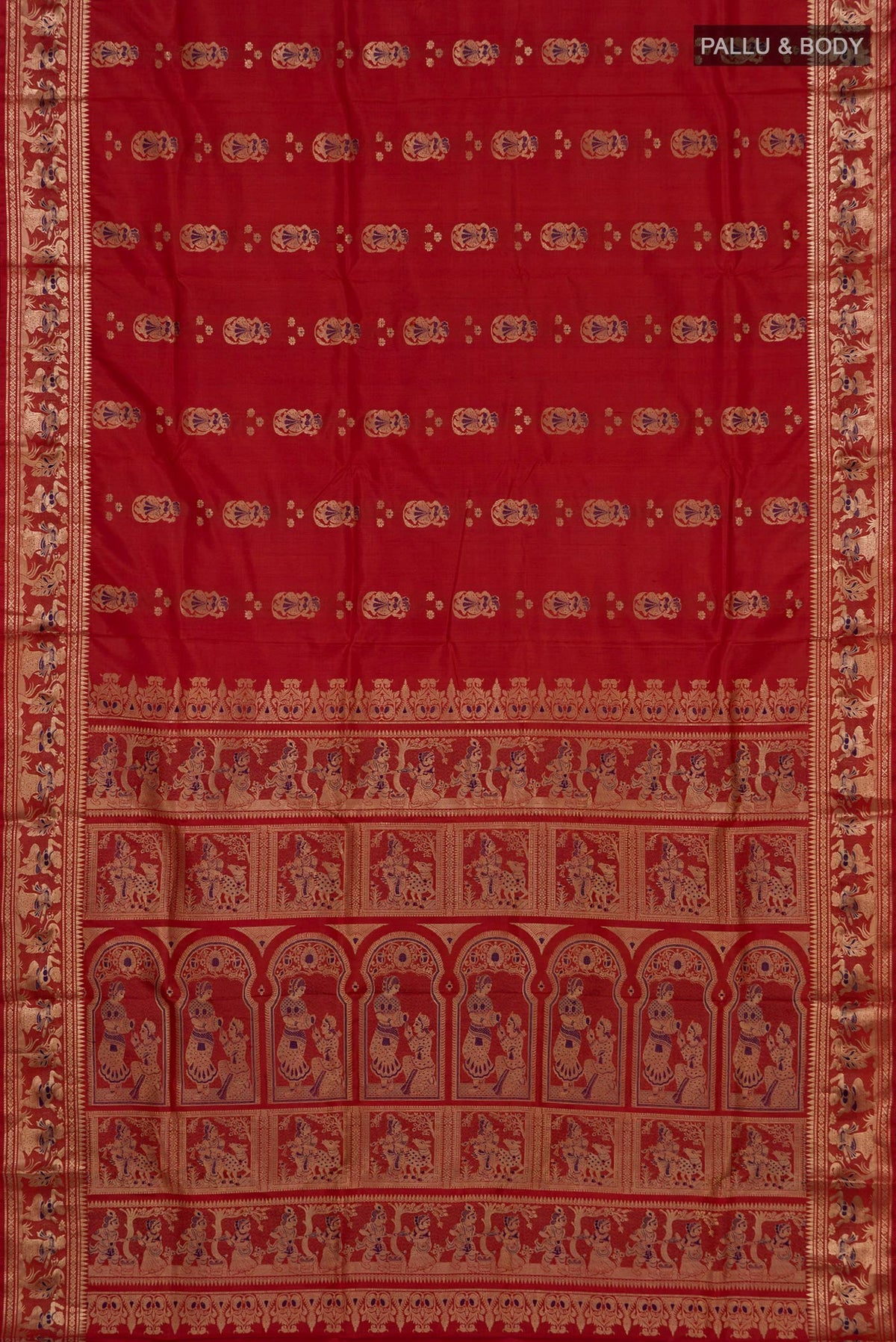 Flat view of Maroon Baluchari Silk Saree with Zari Butta on the body and Zari Border. 