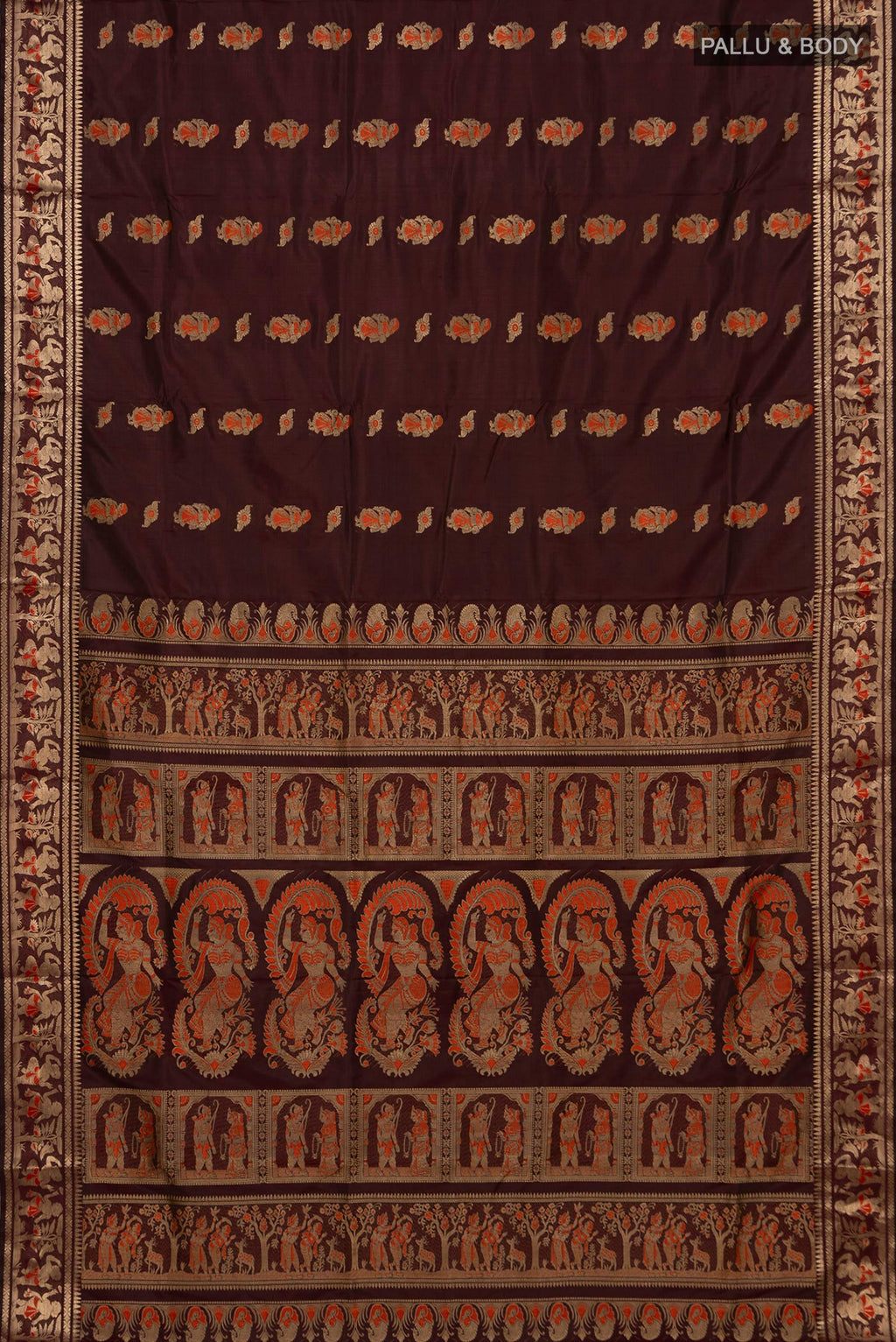 Flat view of Coffee Brown Baluchari Silk Saree with Zari Butta on the body and Zari Border. 