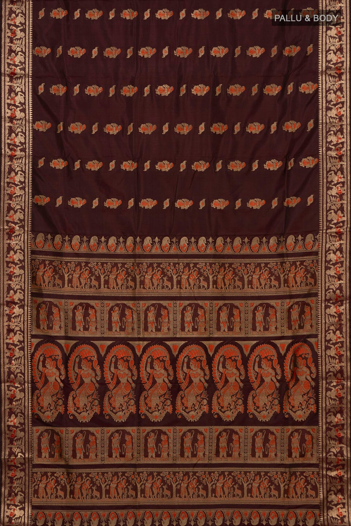 Flat view of Coffee Brown Baluchari Silk Saree with Zari Butta on the body and Zari Border. 
