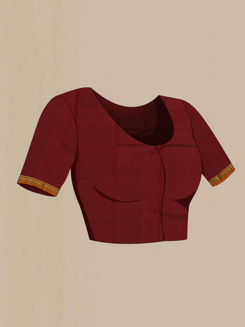 Close up image of the blouse of Maroon Kanchipuram Silk Saree with Zari Butta on the body and Zari Border. 