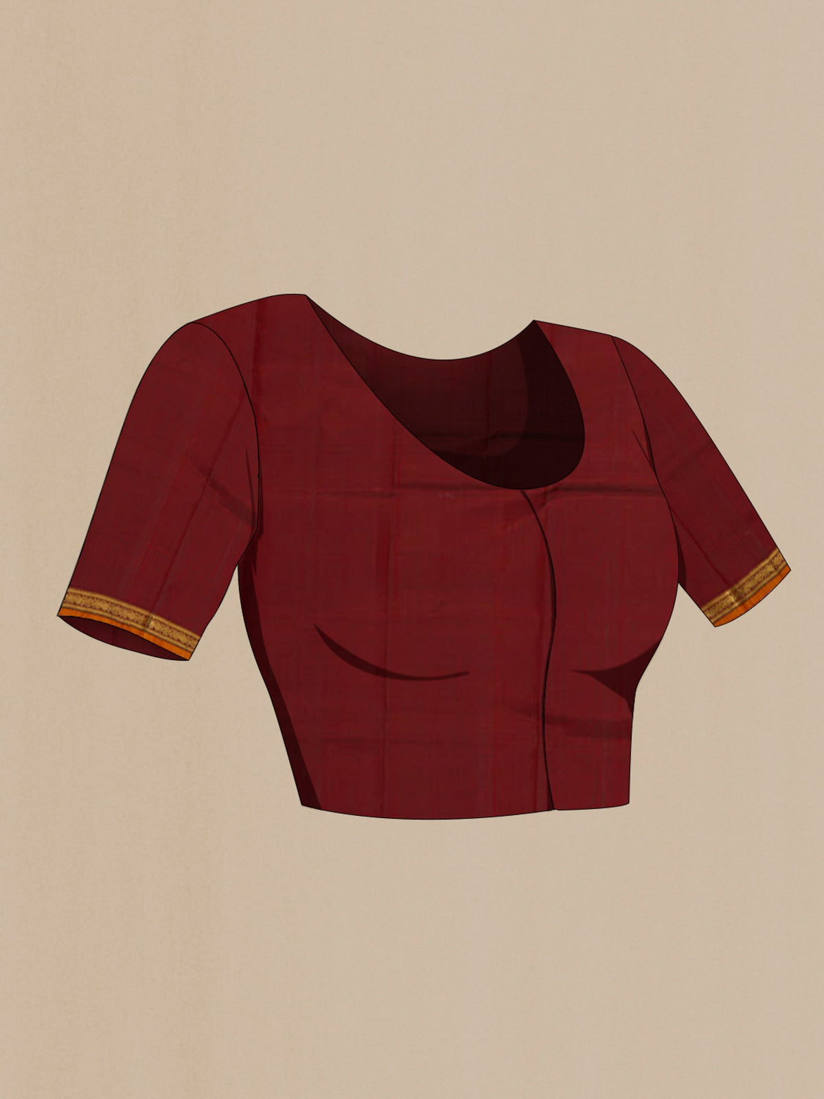 Close up image of the blouse of Maroon Kanchipuram Silk Saree with Zari Butta on the body and Zari Border. 