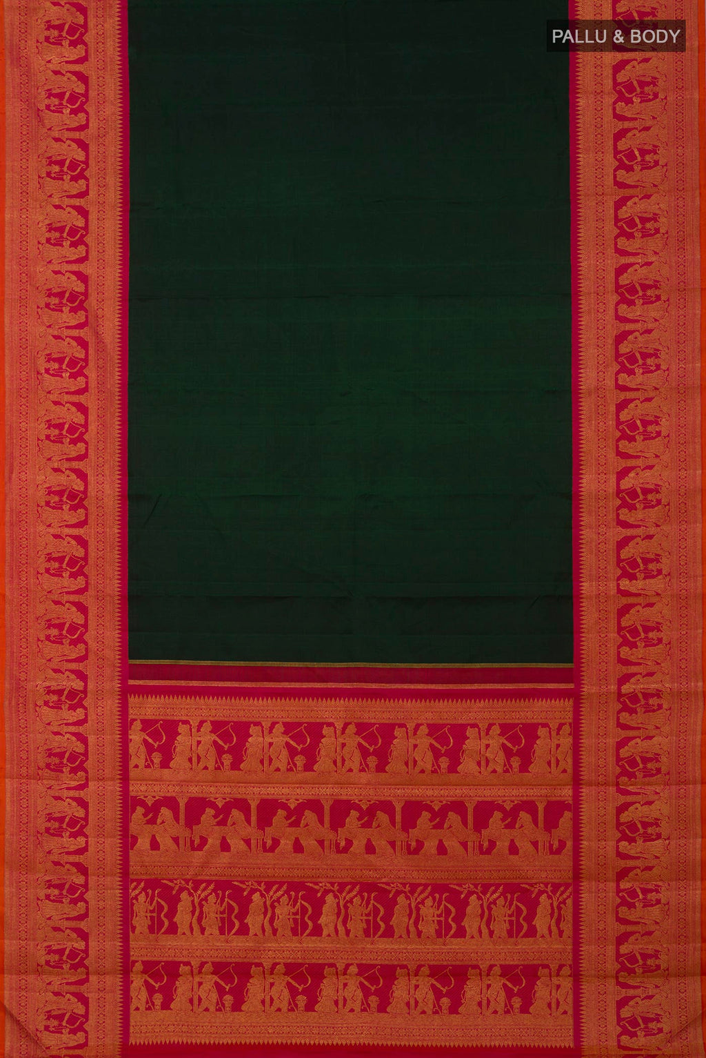 Flat view of Pure Silk Pure Zari Green Kanchipuram Saree with Plain Body and Fancy Border. 