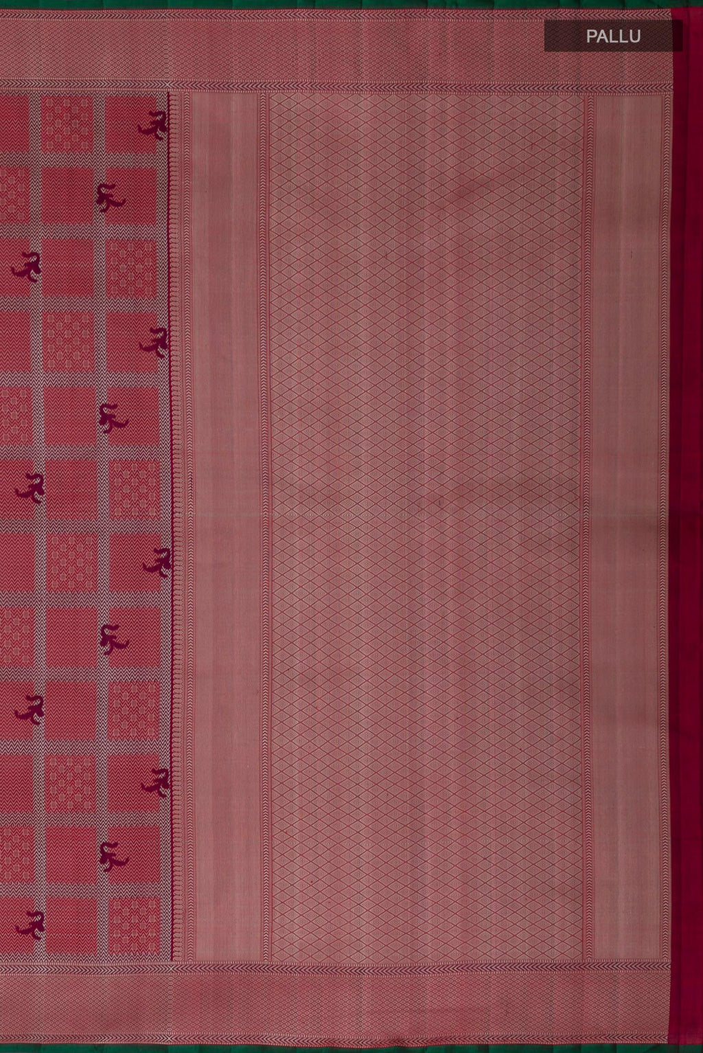 Close up image of the pallu of Maroon Kanchipuram Silk Saree with Jacquard design on the body and Thread Border. 