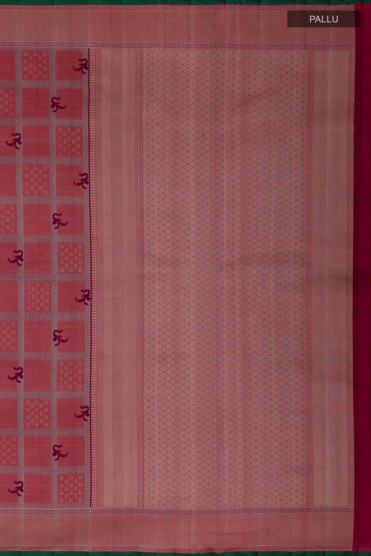 Close up image of the pallu of Maroon Kanchipuram Silk Saree with Jacquard design on the body and Thread Border. 