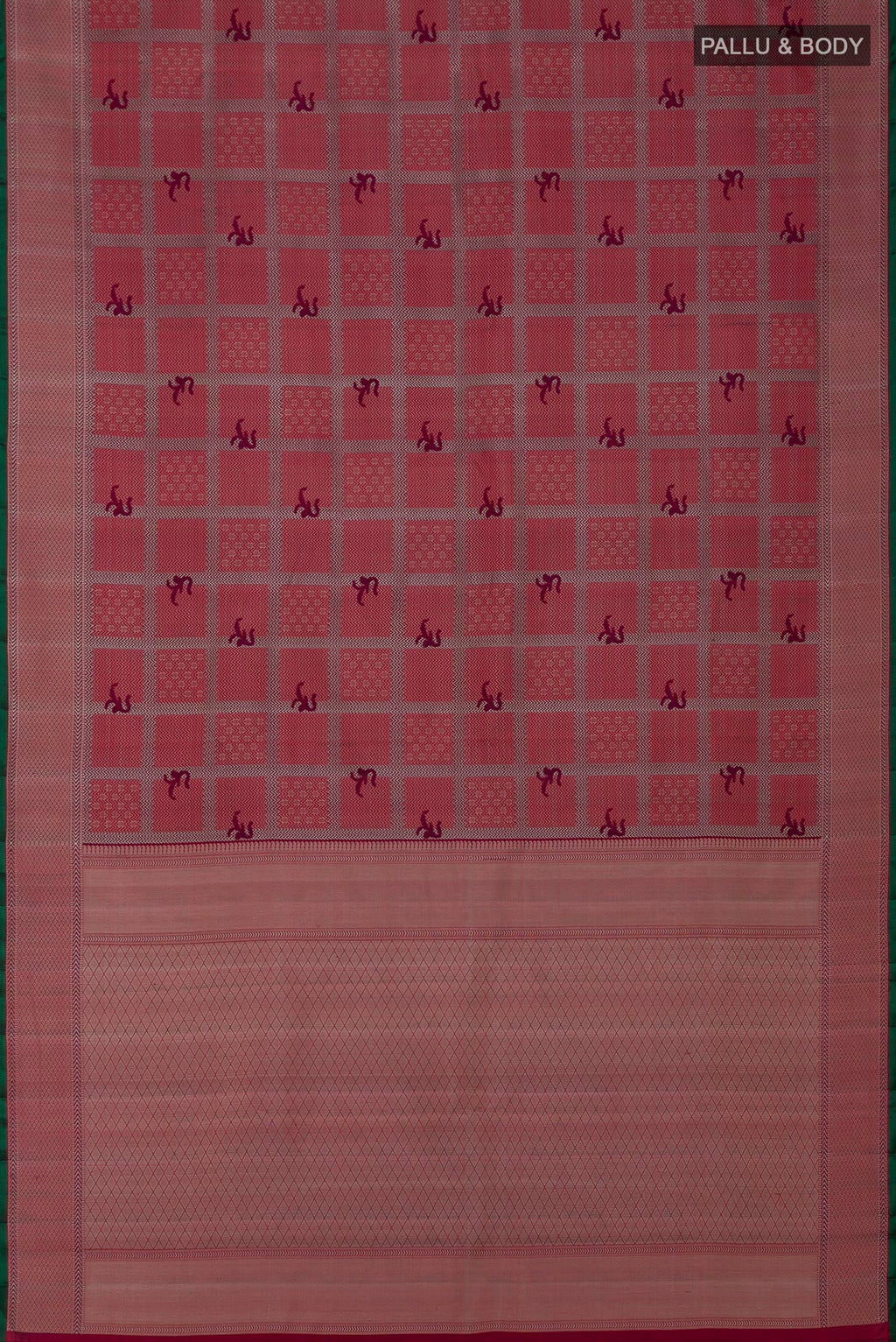 Flat view of Maroon Kanchipuram Silk Saree with Jacquard design on the body and Thread Border. 