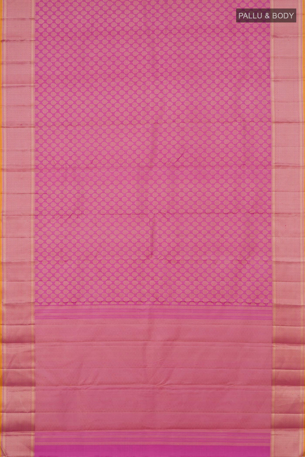 Flat view of Lavender Kanchipuram Silk Saree with Jacquard design on the body and Thread Border. 