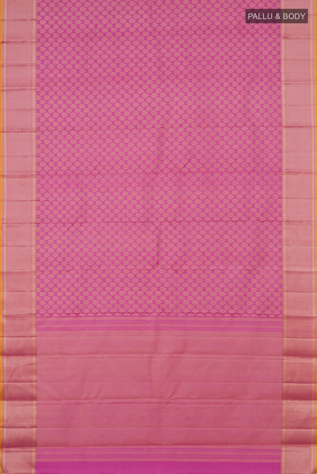 Flat view of Lavender Kanchipuram Silk Saree with Jacquard design on the body and Thread Border. 