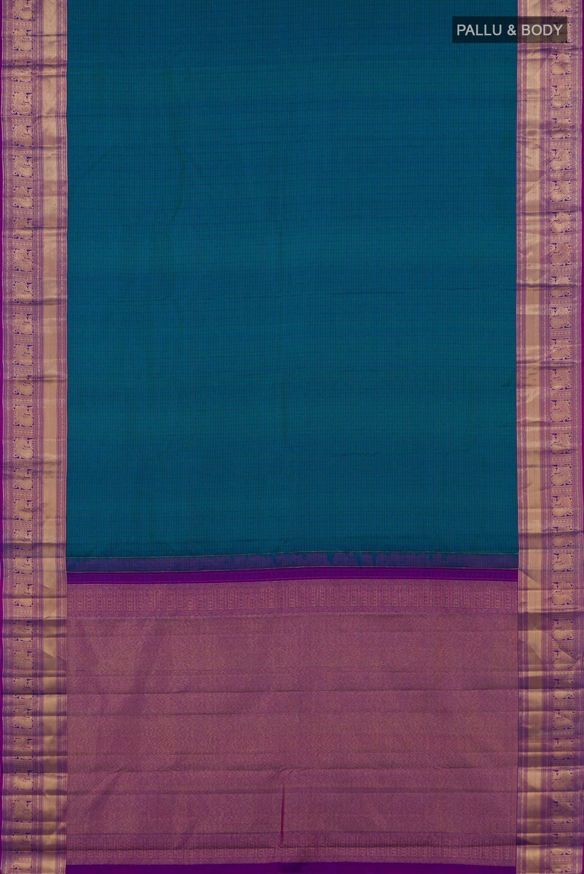 Flat view of Peacock Blue Kanchipuram Saree with Checked design on the body and Zari Border. 