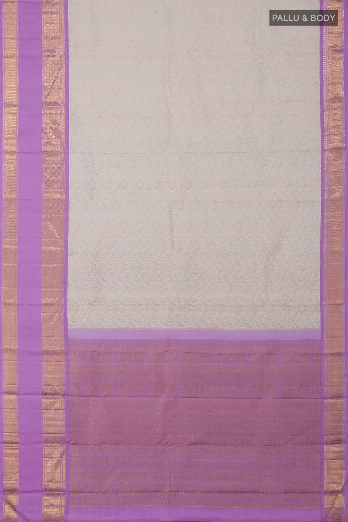 Flat view of Off White Kanchipuram Silk Saree with Zari Brocade on the body and Zari Border. 