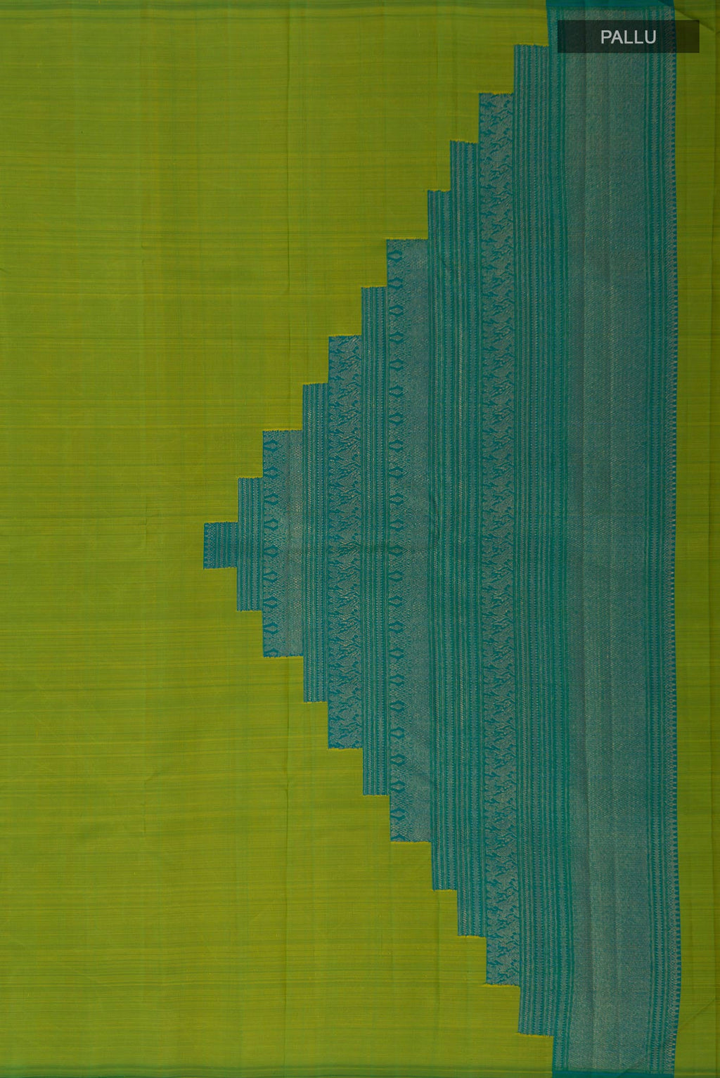 Close up image of the pallu of Pure Silk Pure Zari Green Kanchipuram Saree with Plain Body and Without Border. 