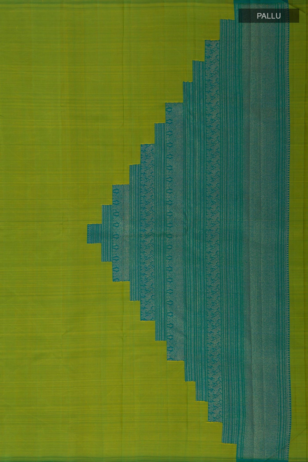 Close up image of the pallu of Pure Silk Pure Zari Green Kanchipuram Saree with Plain Body and Without Border. 