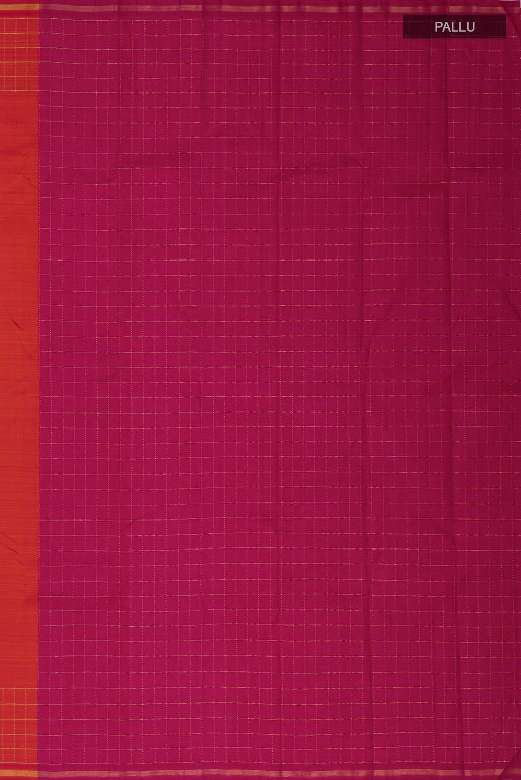 Close up image of the pallu of Pure Silk Pure Zari Brick Orange Kanchipuram Saree with Plain Body and Checks Border. 