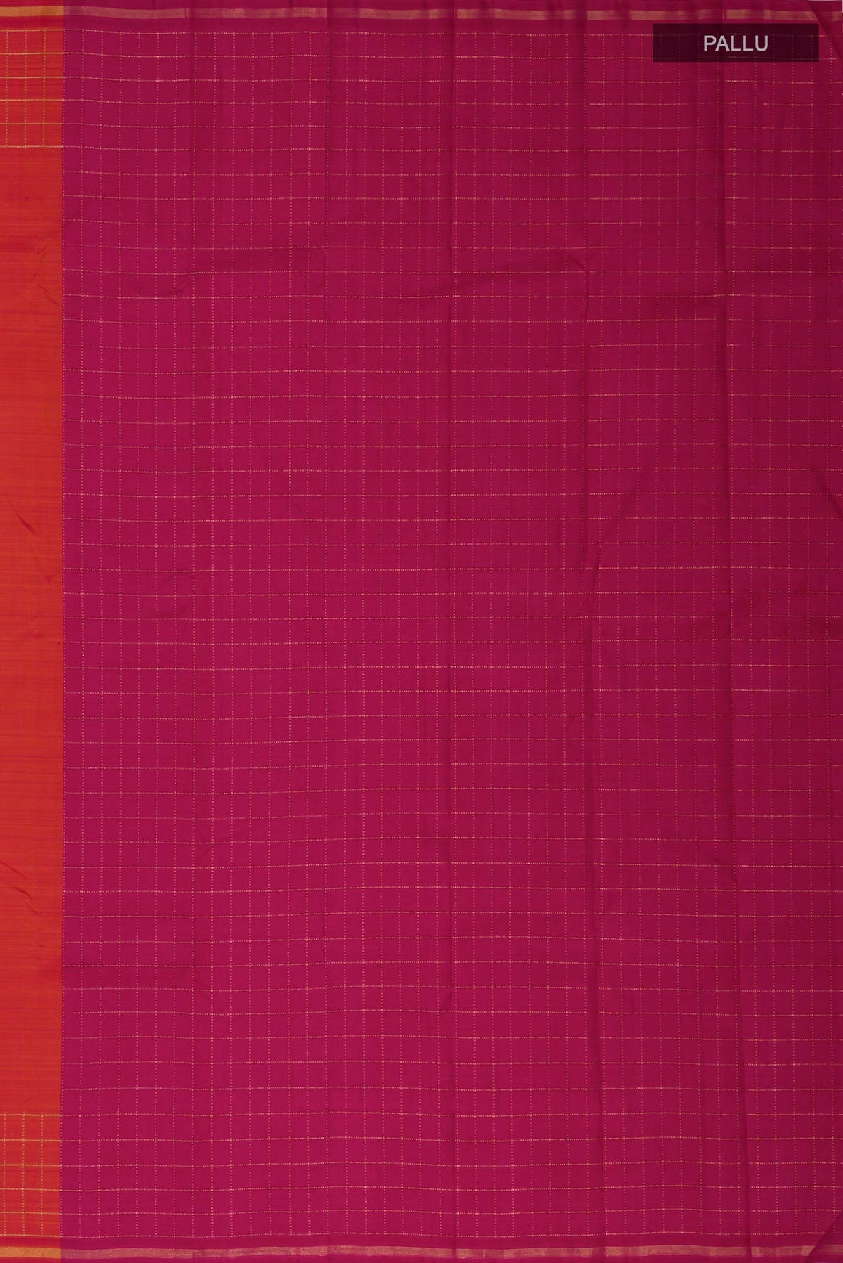 Close up image of the pallu of Pure Silk Pure Zari Brick Orange Kanchipuram Saree with Plain Body and Checks Border. 