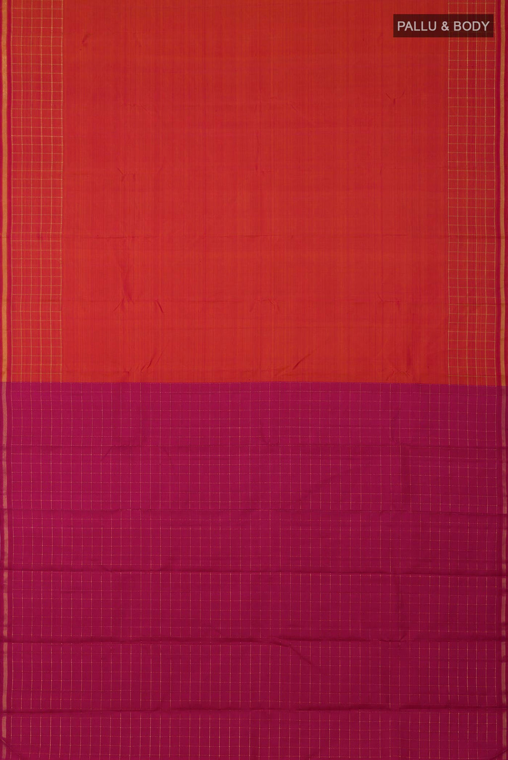 Flat view of Pure Silk Pure Zari Brick Orange Kanchipuram Saree with Plain Body and Checks Border. 