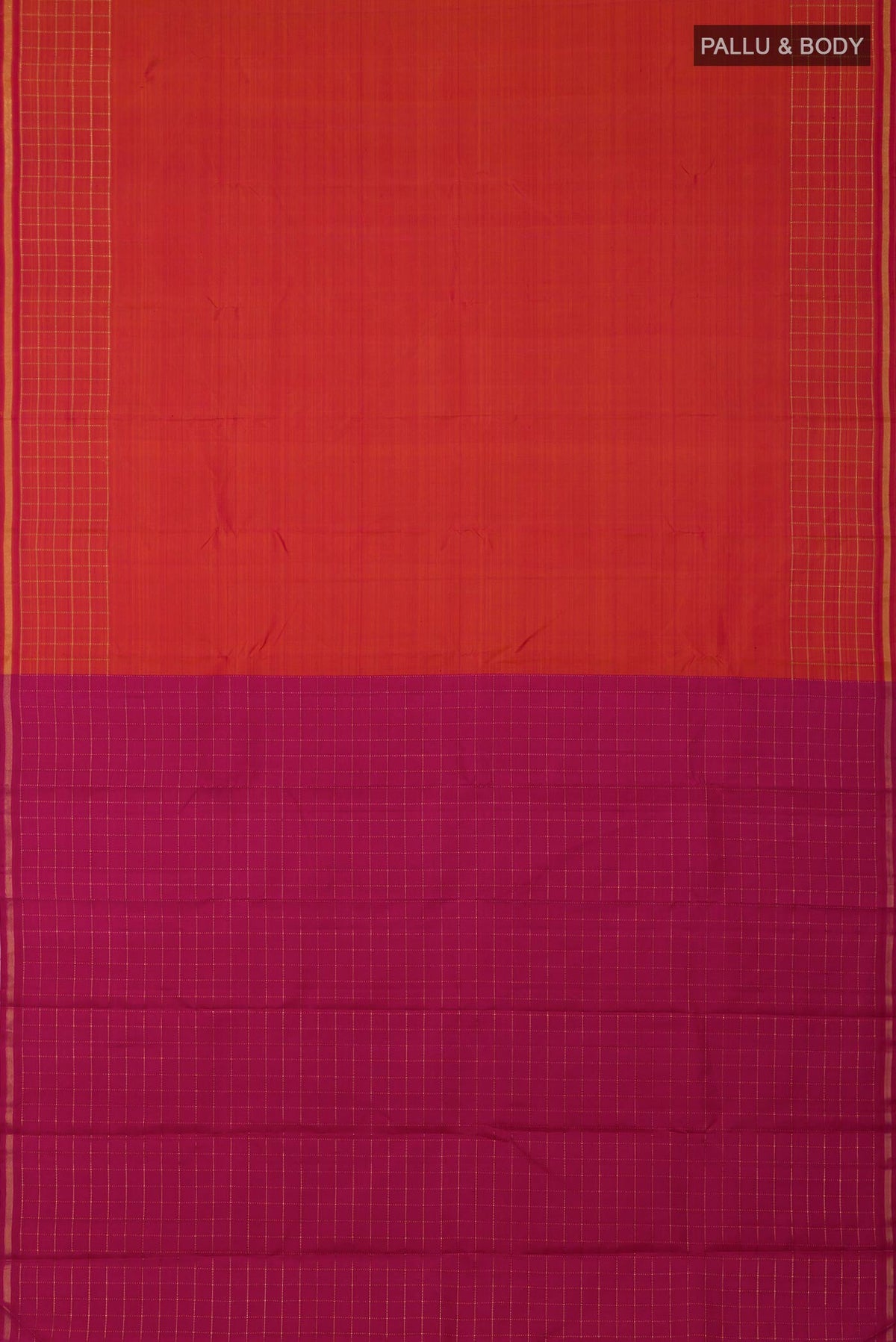 Flat view of Pure Silk Pure Zari Brick Orange Kanchipuram Saree with Plain Body and Checks Border. 