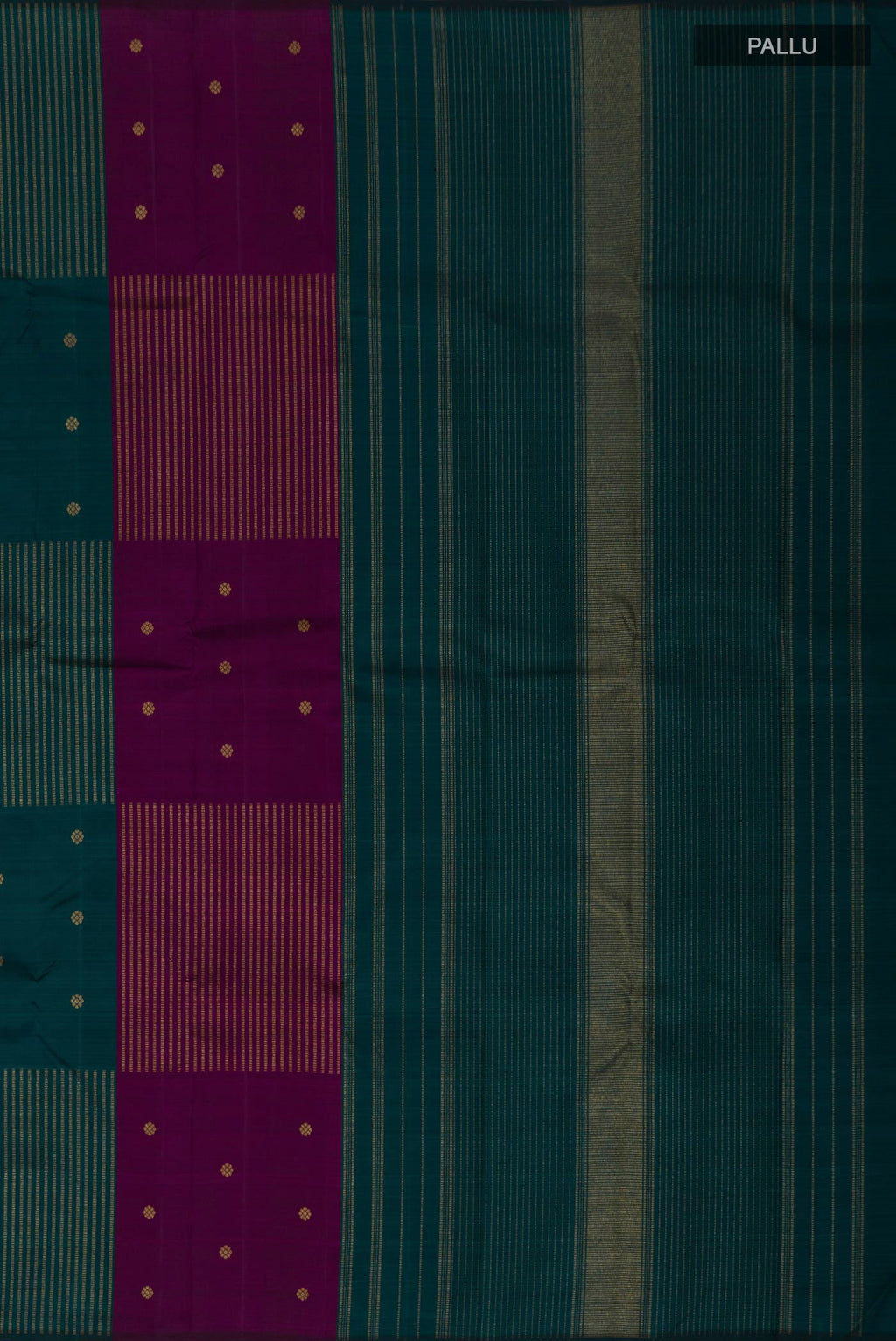 Close up image of the pallu of Pure Silk Pure Zari Multi Color Kanchipuram Saree with Fancy on the body and Without Border. 