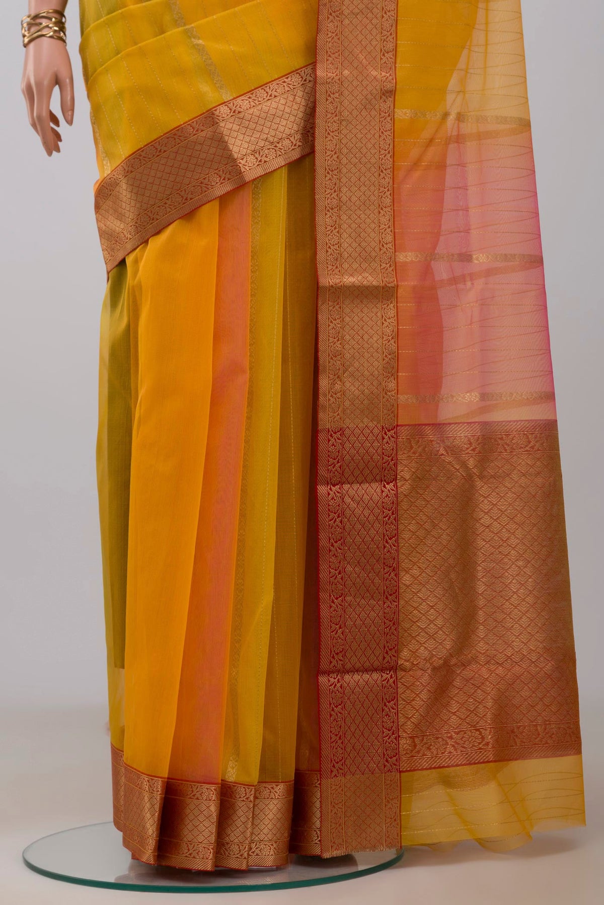 Pleats and pallu of Multi Color Chanderi Silk Cotton Saree with Fancy on the body and Zari Border. 