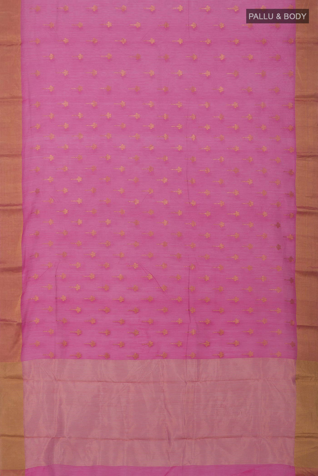 Flat view of Pink Chanderi Silk Cotton Saree with Zari Butta on the body and Zari Border. 