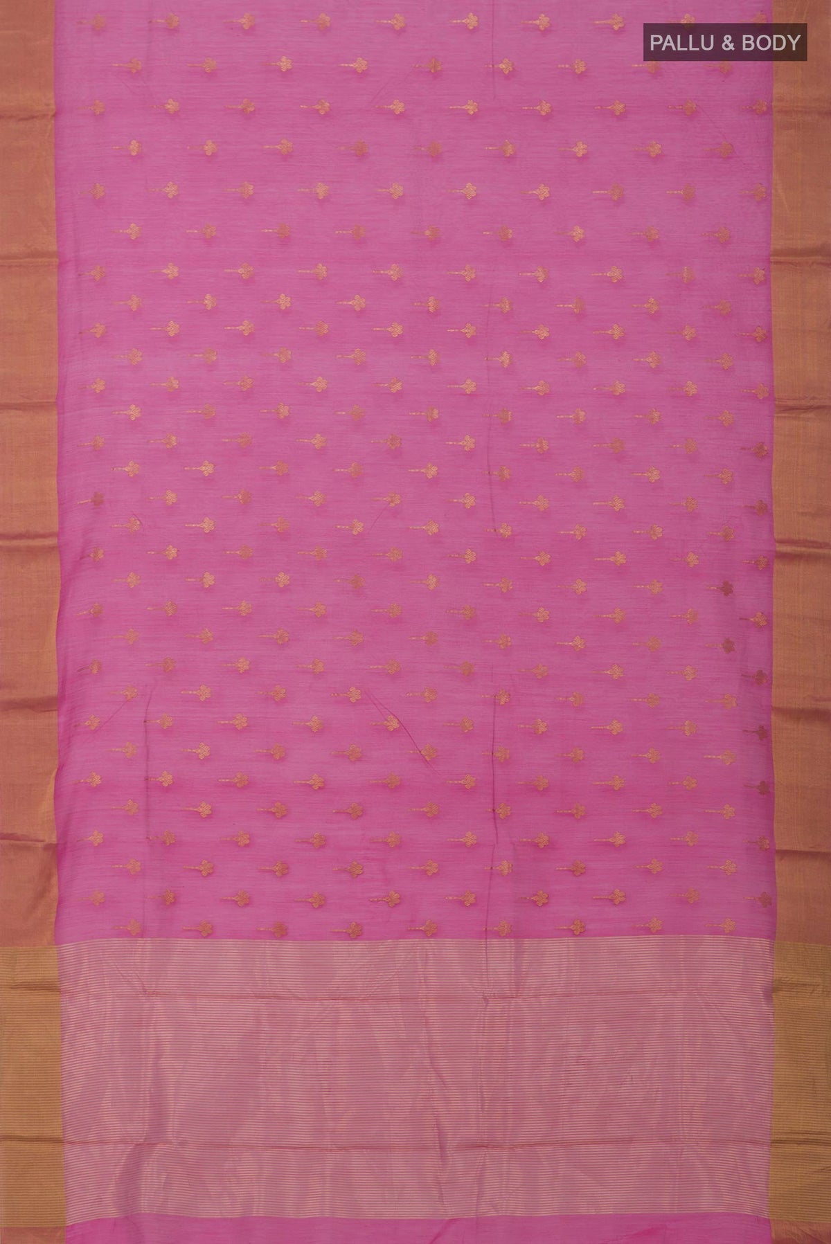 Flat view of Pink Chanderi Silk Cotton Saree with Zari Butta on the body and Zari Border. 