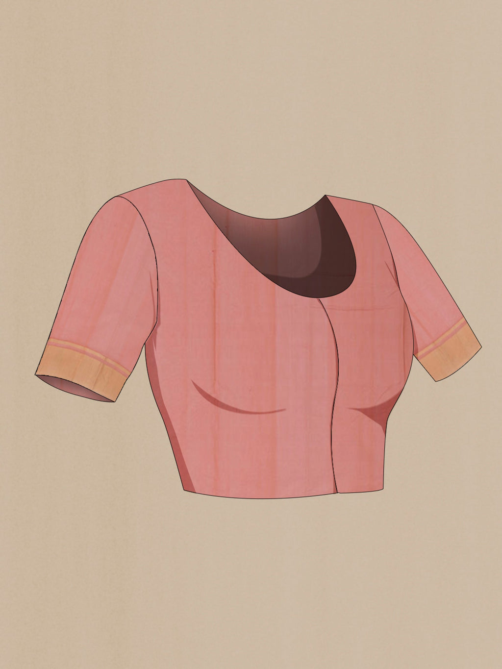 Close up image of the blouse of Peach Chanderi Silk Cotton Saree with Zari Butta on the body and Zari Border. 