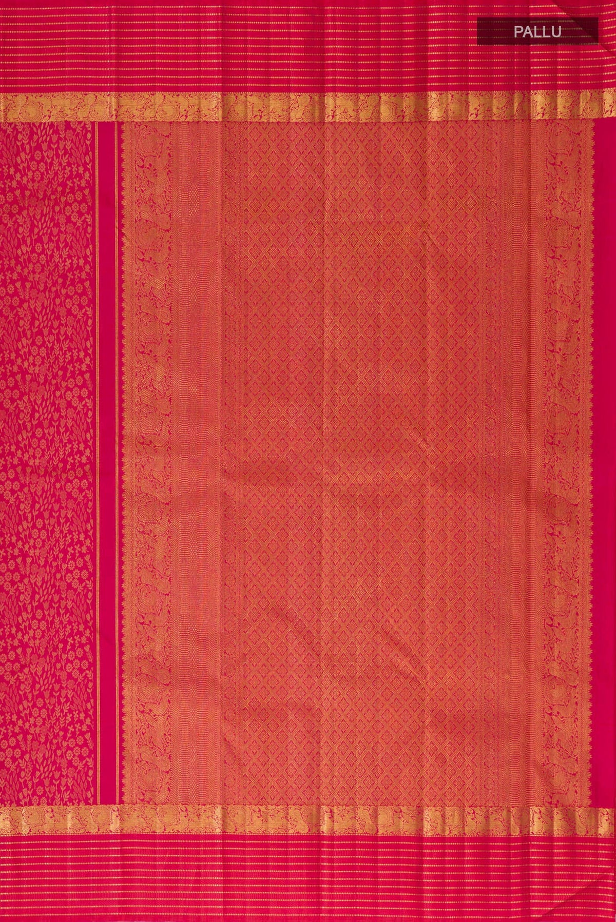 Close up image of the pallu of Pink Kanjivaram Silk Saree with Jacquard design on the body and Zari Border. 