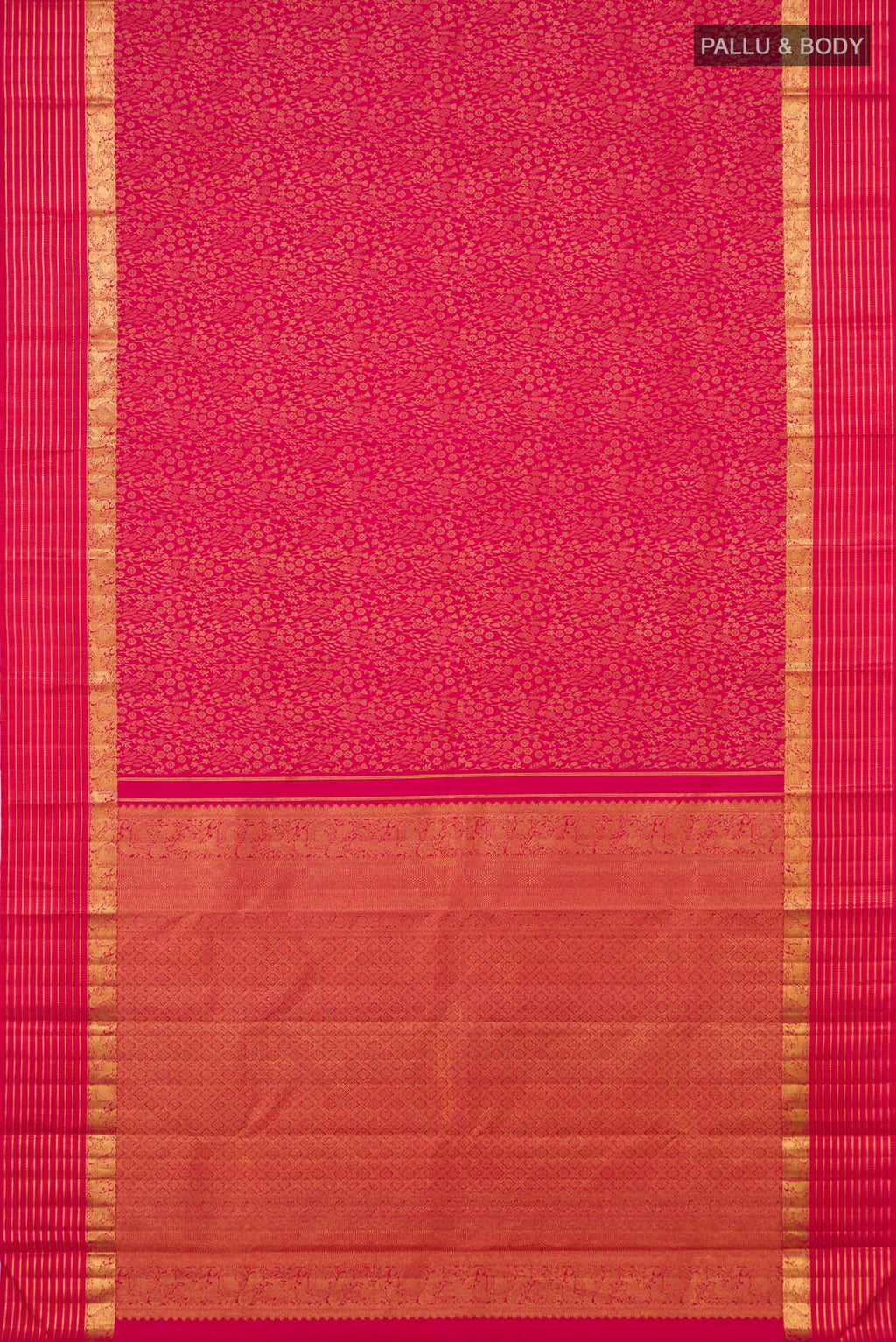 Flat view of Pink Kanjivaram Silk Saree with Jacquard design on the body and Zari Border. 